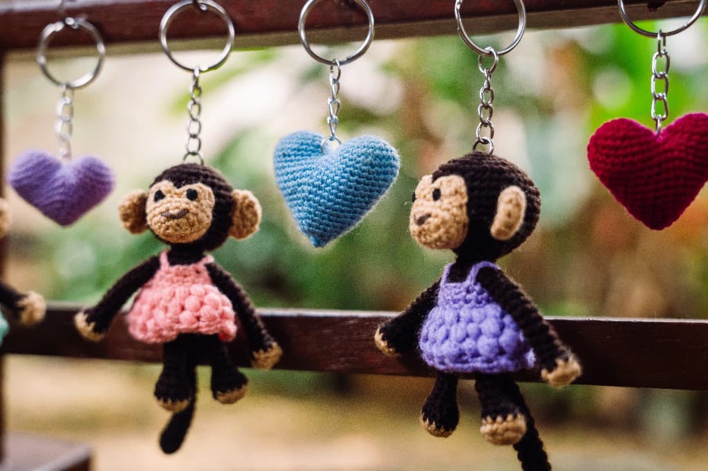 Crochet keychains on display
